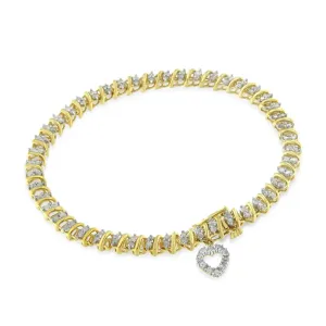 10K Yellow Gold over .925 Sterling Silver 2.0 Cttw Diamond Heart Charm 7" Link Bracelet (I-J Color, I3 Clarity)