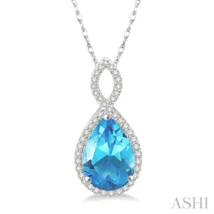 1/4 Ctw Round Cut Diamond and Entwined Pear Cut 12x8 MM Blue Topaz Semi Precious Pendant in 10K White Gold with chain