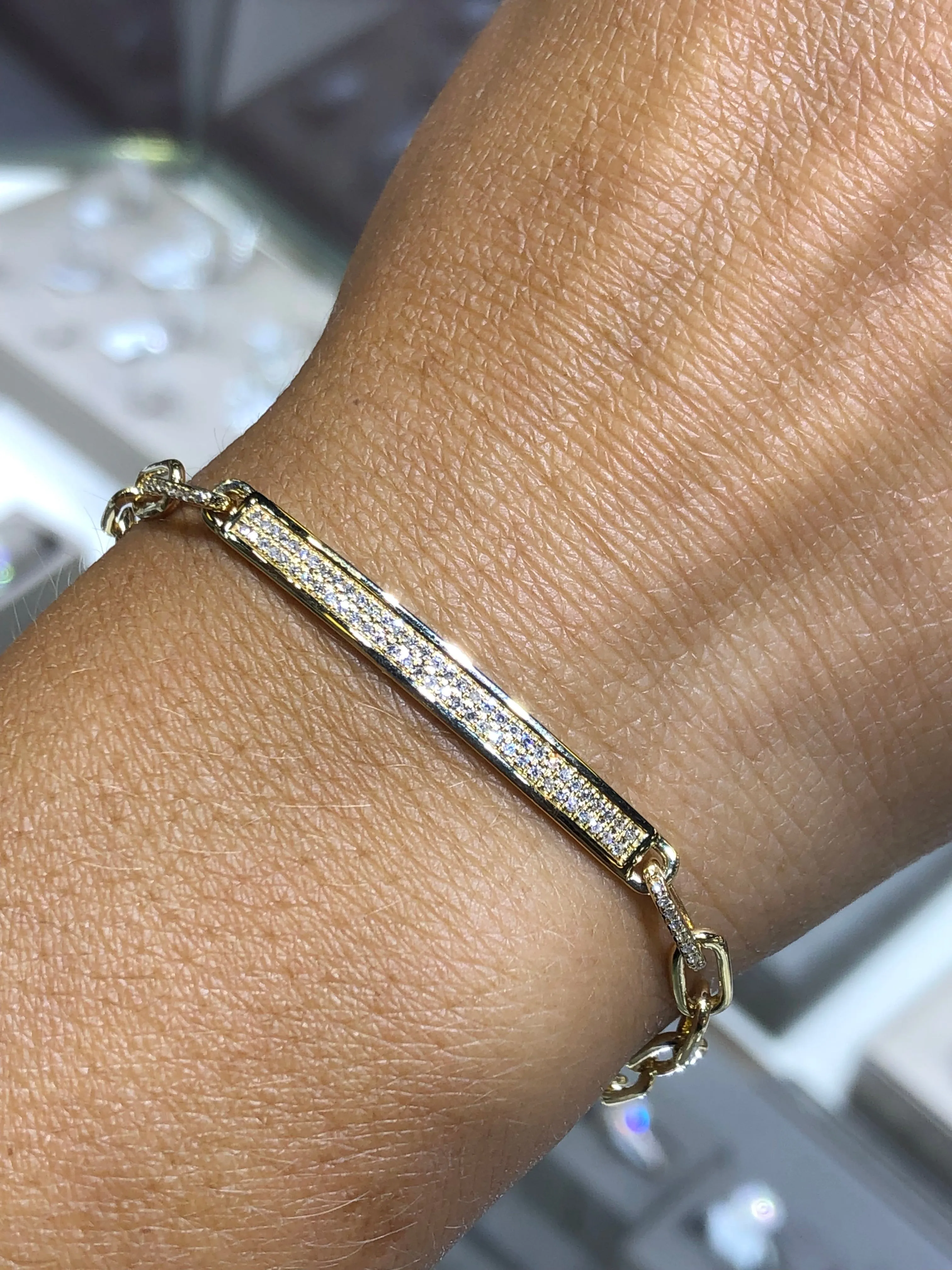 14K Gold Diamond Bar and Paper Clip Bracelet