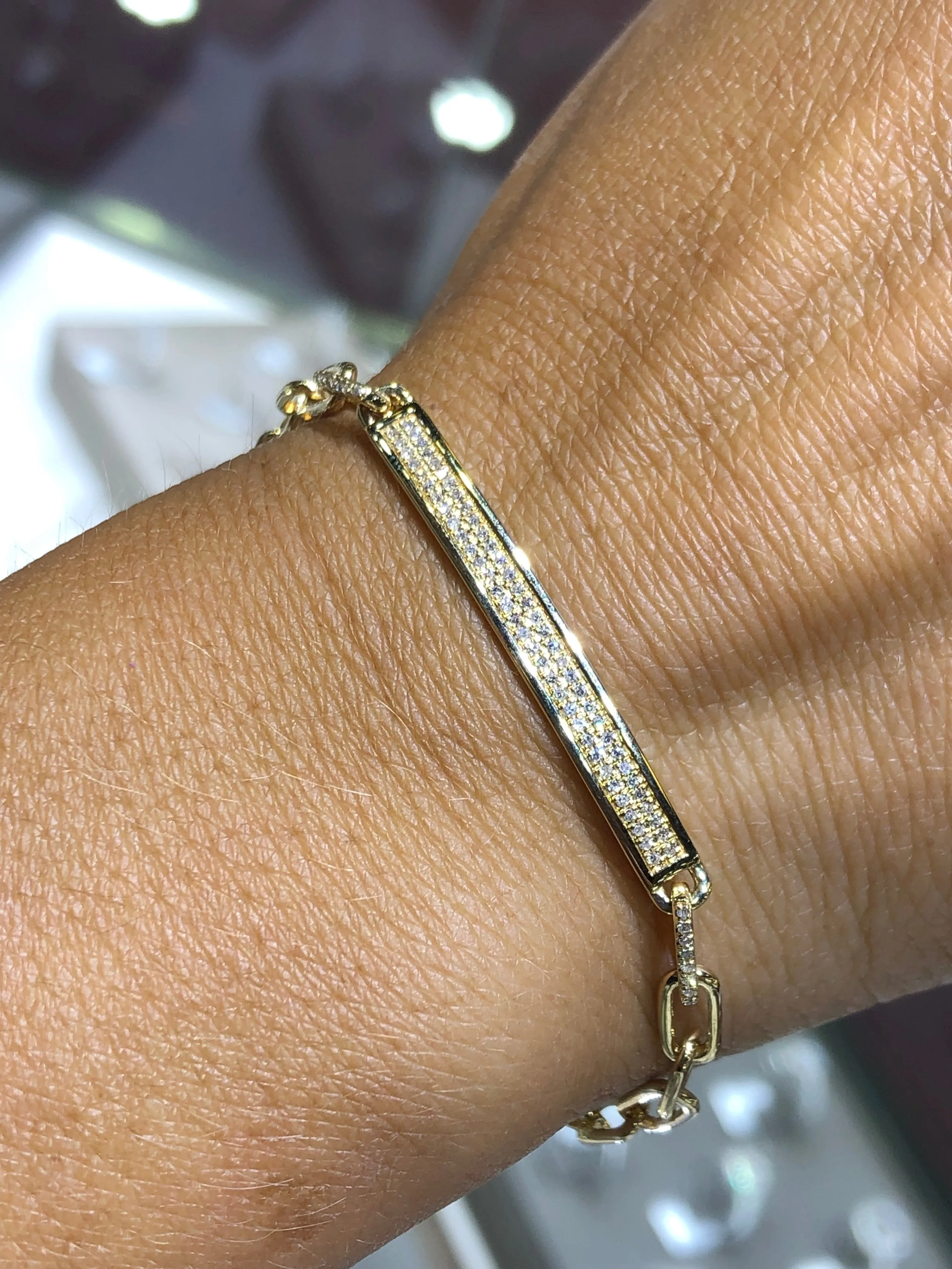 14K Gold Diamond Bar and Paper Clip Bracelet