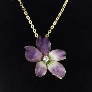 14K Gold Enamel Viola Pansy Diamond Brooch Pendant