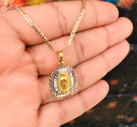 14K Gold Filled Virgen de Guadalupe Necklace / Diamond Cut Necklace / Mariner Link Chain 18" / Guadalupe Pendant 26x18mm / Cadena y Dije de la Virgen de Guadalupe en Oro Laminado