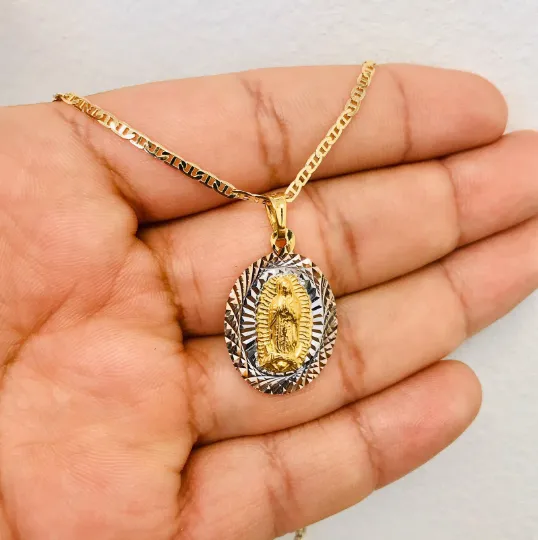 14K Gold Filled Virgen de Guadalupe Necklace / Diamond Cut Necklace / Mariner Link Chain 18" / Guadalupe Pendant 26x18mm / Cadena y Dije de la Virgen de Guadalupe en Oro Laminado