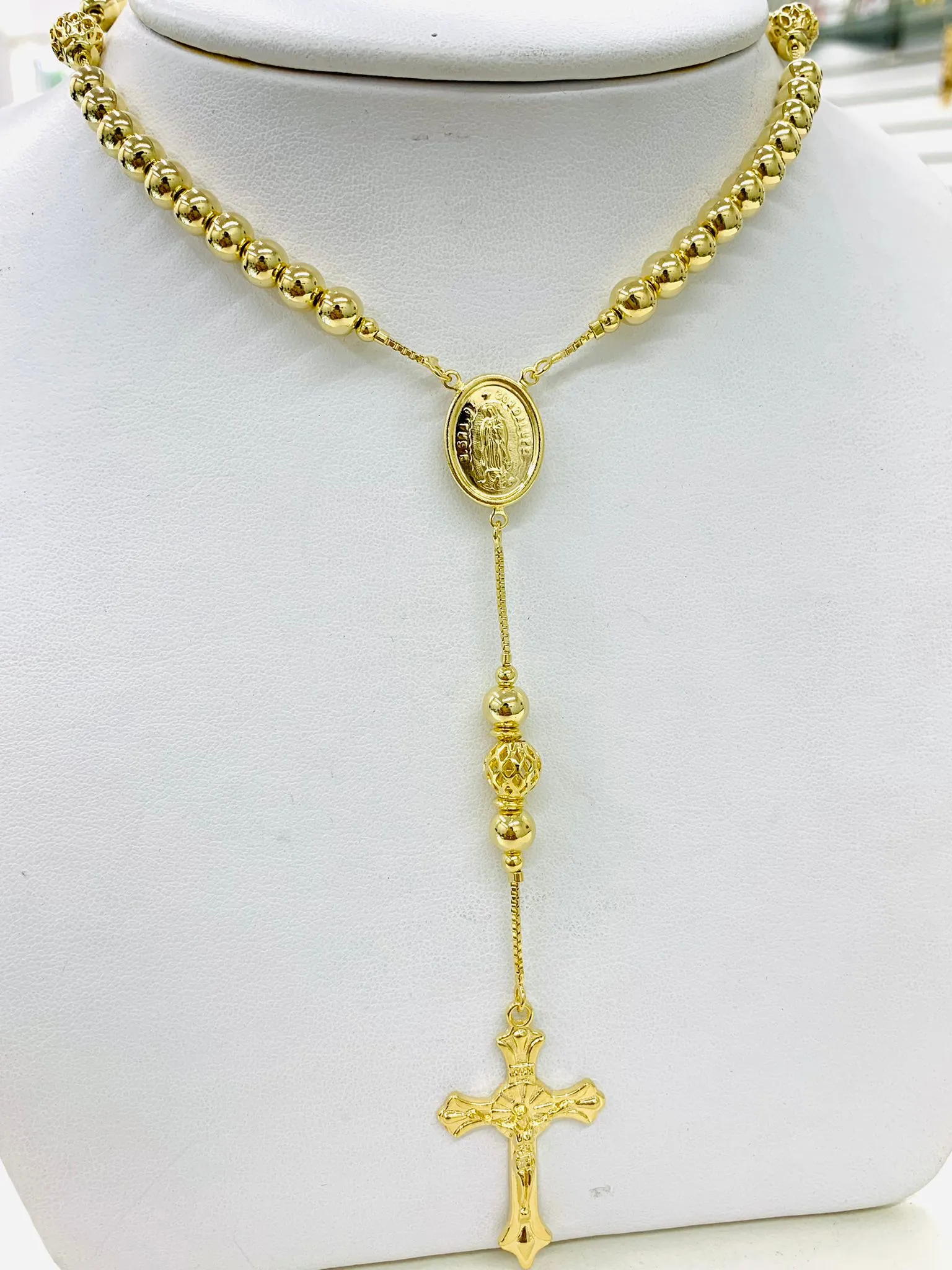 14K Gold Filled Virgen de Guadalupe Rosary / Yellow Beads Rosary 18" / Catholics Necklace/ Rosario de la Virgen de Guadalupe en Oro Laminado