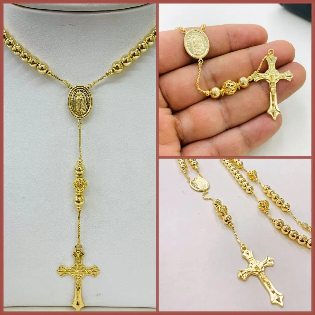 14K Gold Filled Virgen de Guadalupe Rosary / Yellow Beads Rosary 18" / Catholics Necklace/ Rosario de la Virgen de Guadalupe en Oro Laminado