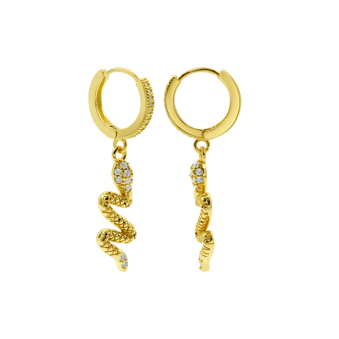 14k Gold Plated Snake Dangle Huggie Hoop Earrings