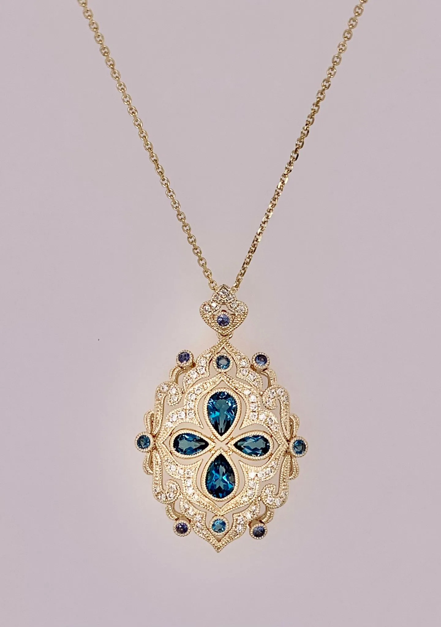 14K London Blue Topaz, Diamond & Blue Sapphire Pendant