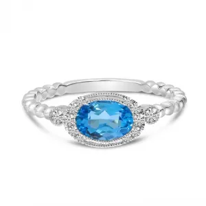 14k White Gold 0.84 Ct Blue Topaz, 0.13 Ct Diamond Ring