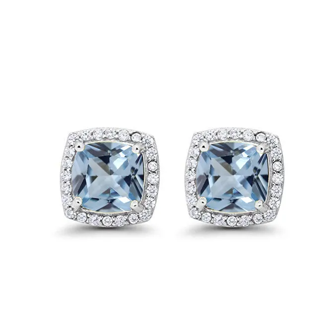 14k White Gold Plated 1/2 Ct Created Halo Princess Cut Aquamarine Stud Earrings