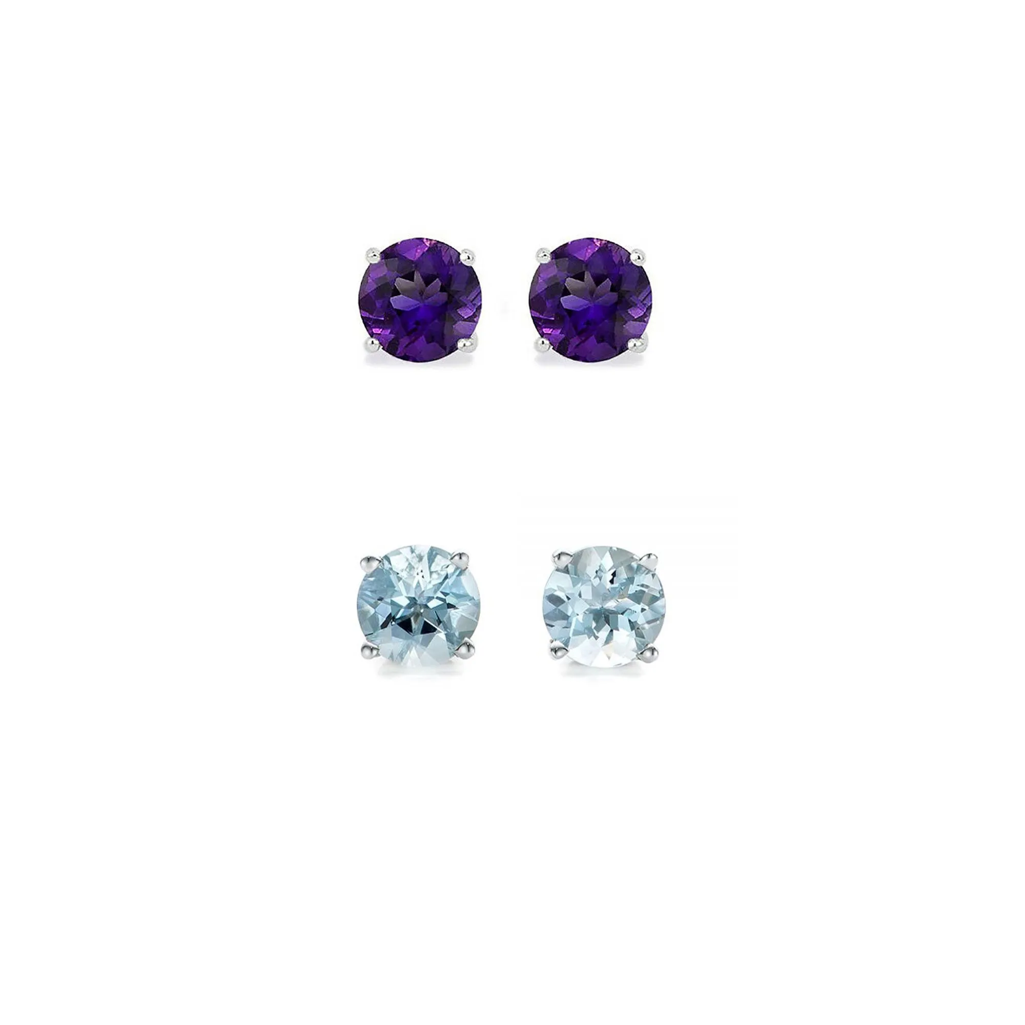 14k White Gold Plated 1Ct Created Amethyst and Aquamarine 2 Pair Round Stud Earrings