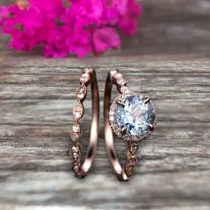 1.75 Carat Round Cut Aquamarine Engagement Ring Set 10k Rose Gold Matching Wedding Band Bridal Set