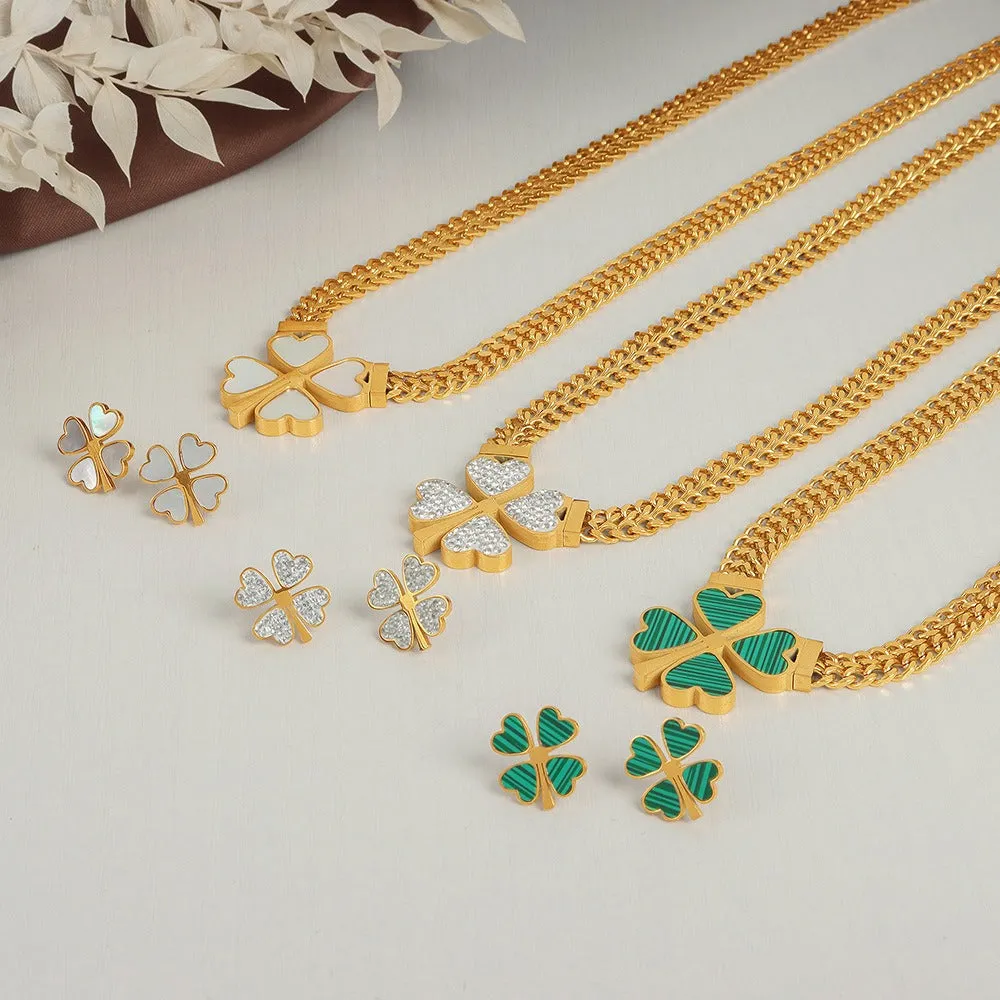 18K gold exquisite and fashionable four-leaf clover flower inlaid with gemstone design pastoral style necklace bracelet earrings set