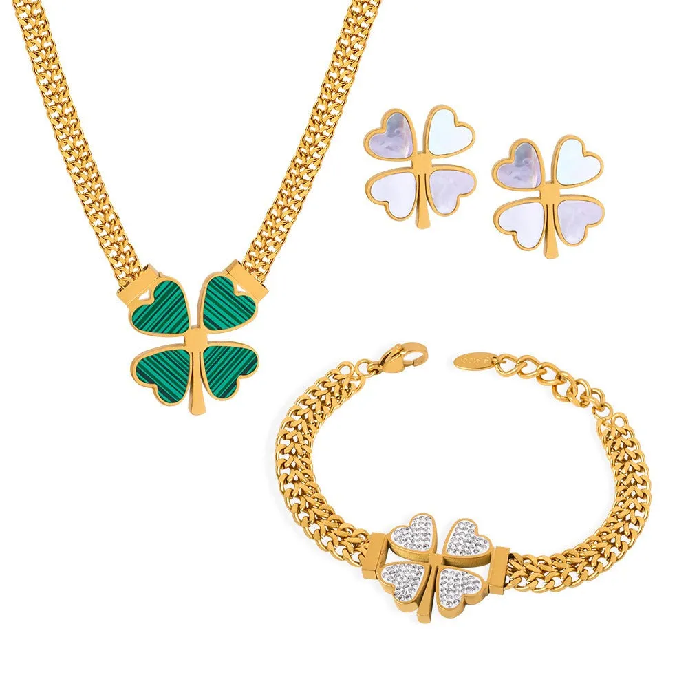 18K gold exquisite and fashionable four-leaf clover flower inlaid with gemstone design pastoral style necklace bracelet earrings set