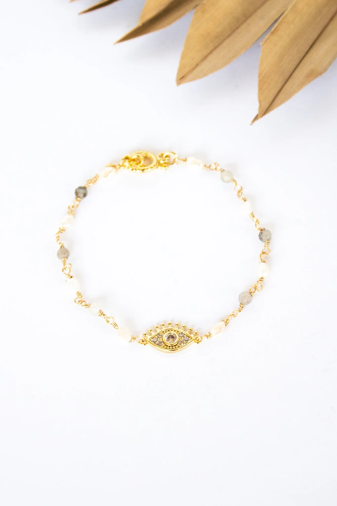 18K Toggle Dainty Evil Eye Pearl Bracelet