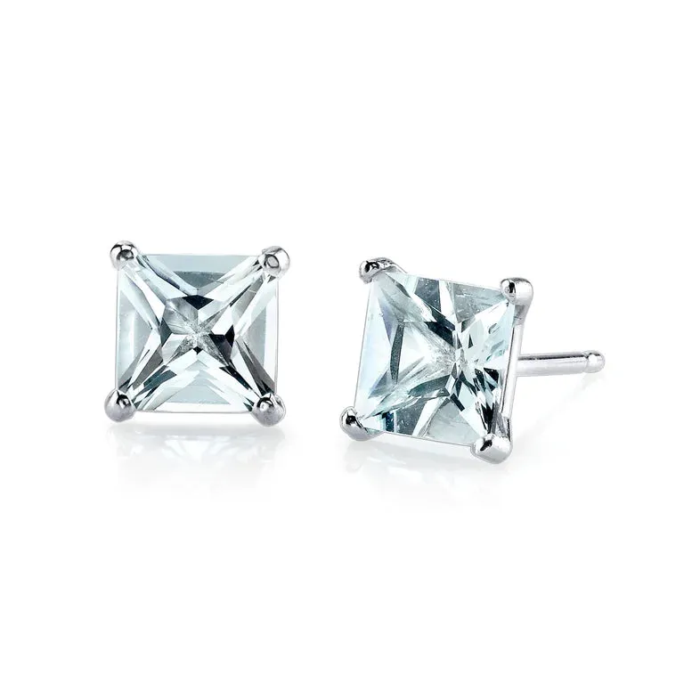 18k White Gold Plated 1/4 Carat Princess Cut Created Aquamarine Stud Earrings 4mm