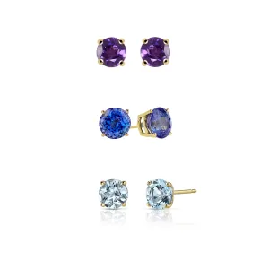 18k Yellow Gold Plated 4Ct Created Amethyst, Tanzanite and Aquamarine 3 Pair Round Stud Earrings