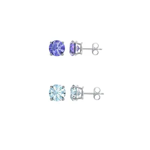 24k White Gold Plated 2Ct Created Tanzanite and Aquamarine 2 Pair Round Stud Earrings