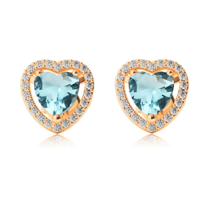 24k Yellow Gold Plated 2 Ct Created Halo Heart Aquamarine Stud Earrings