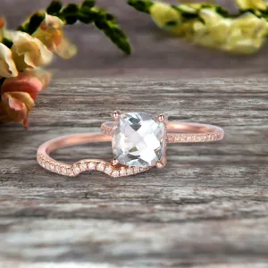 2Pcs Wedding Ring Set Cushion Cut 1.75 Carat Aquamarine Engagement ring On 10k Rose gold Curved Wedding Band Personalized for Brides