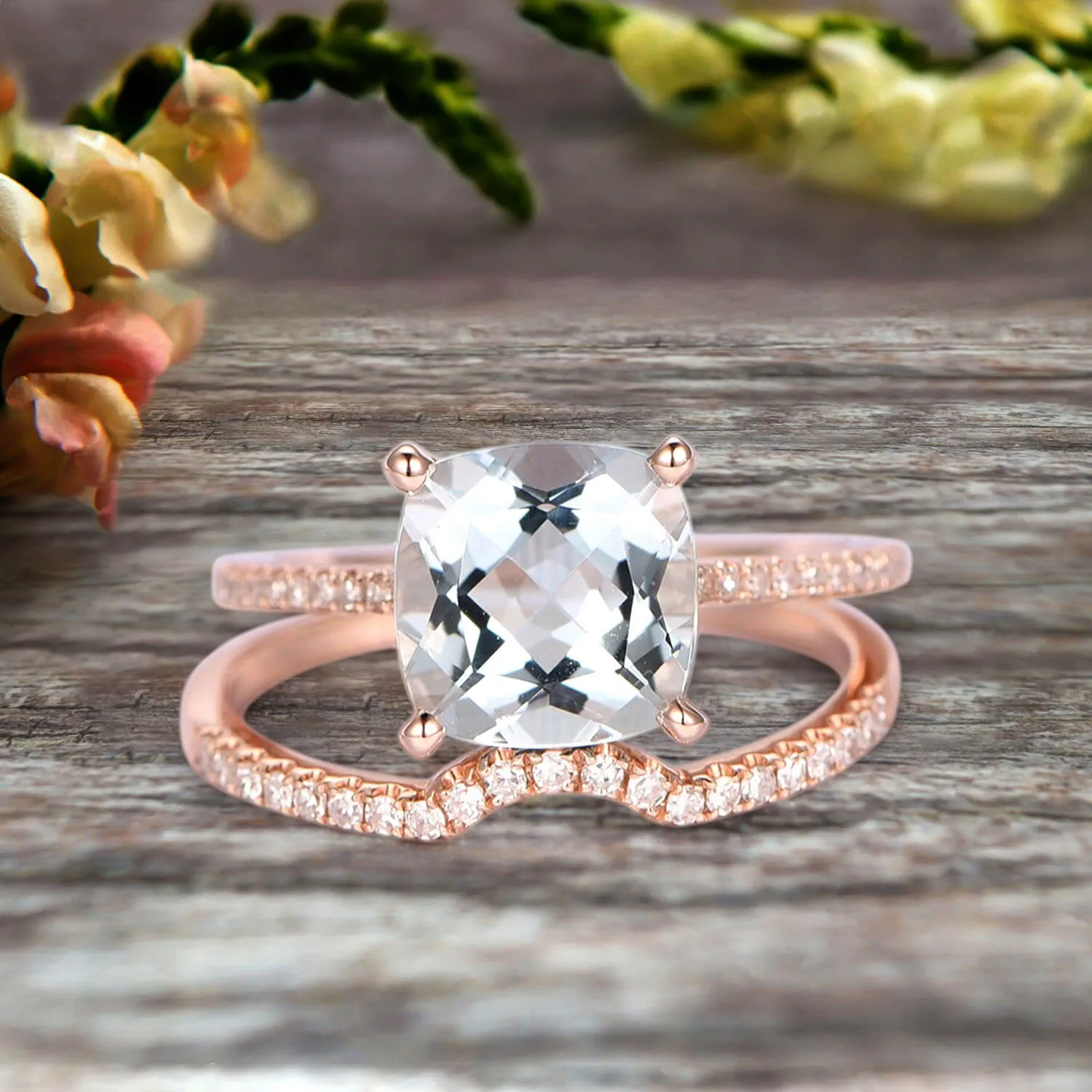 2Pcs Wedding Ring Set Cushion Cut 1.75 Carat Aquamarine Engagement ring On 10k Rose gold Curved Wedding Band Personalized for Brides