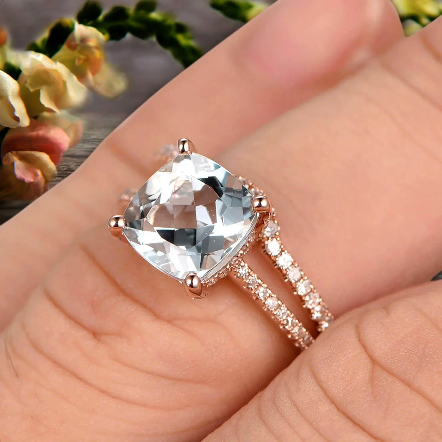 2Pcs Wedding Ring Set Cushion Cut 1.75 Carat Aquamarine Engagement ring On 10k Rose gold Curved Wedding Band Personalized for Brides