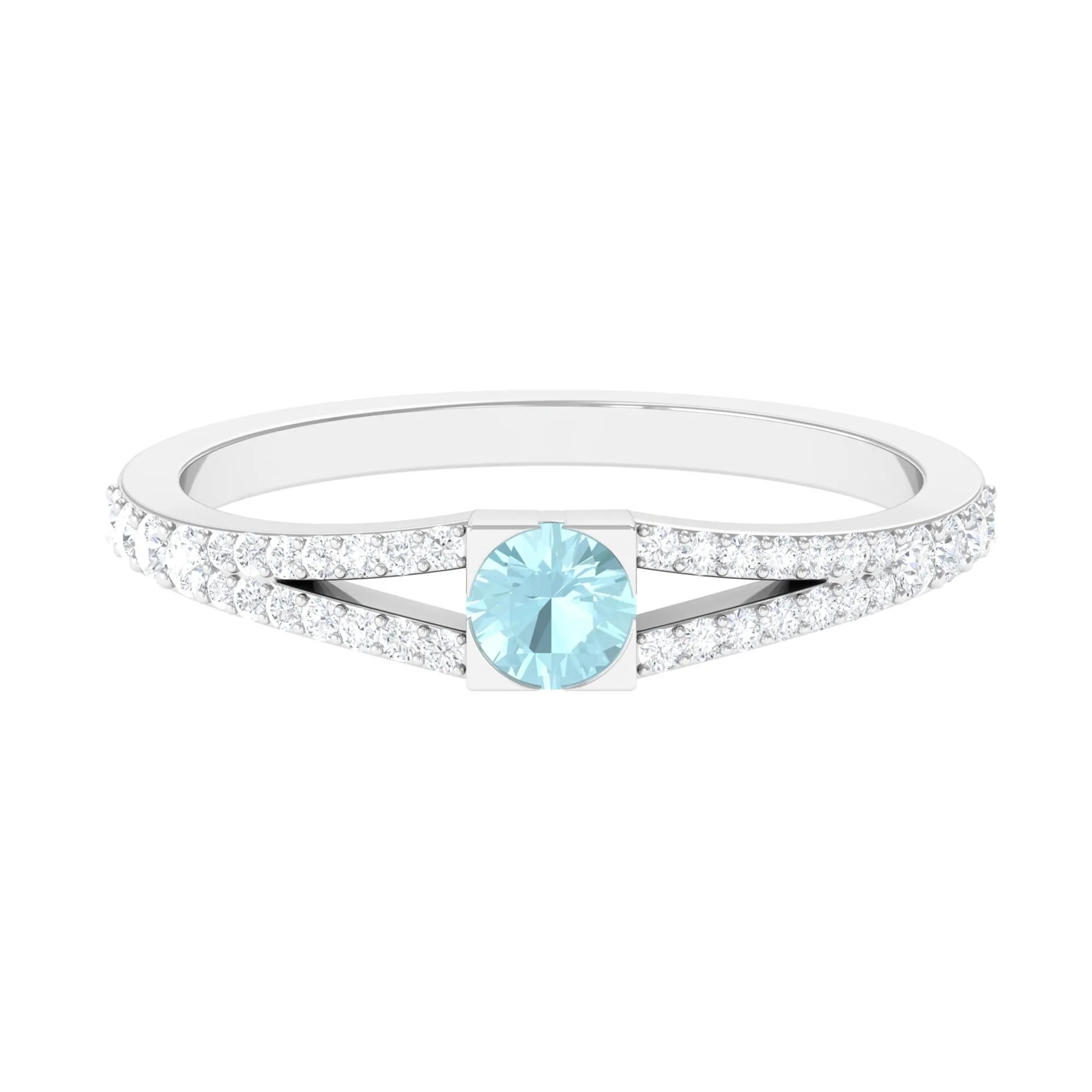 3/4 CT Split Shank Round Sky Blue Topaz Promise Ring with Diamond