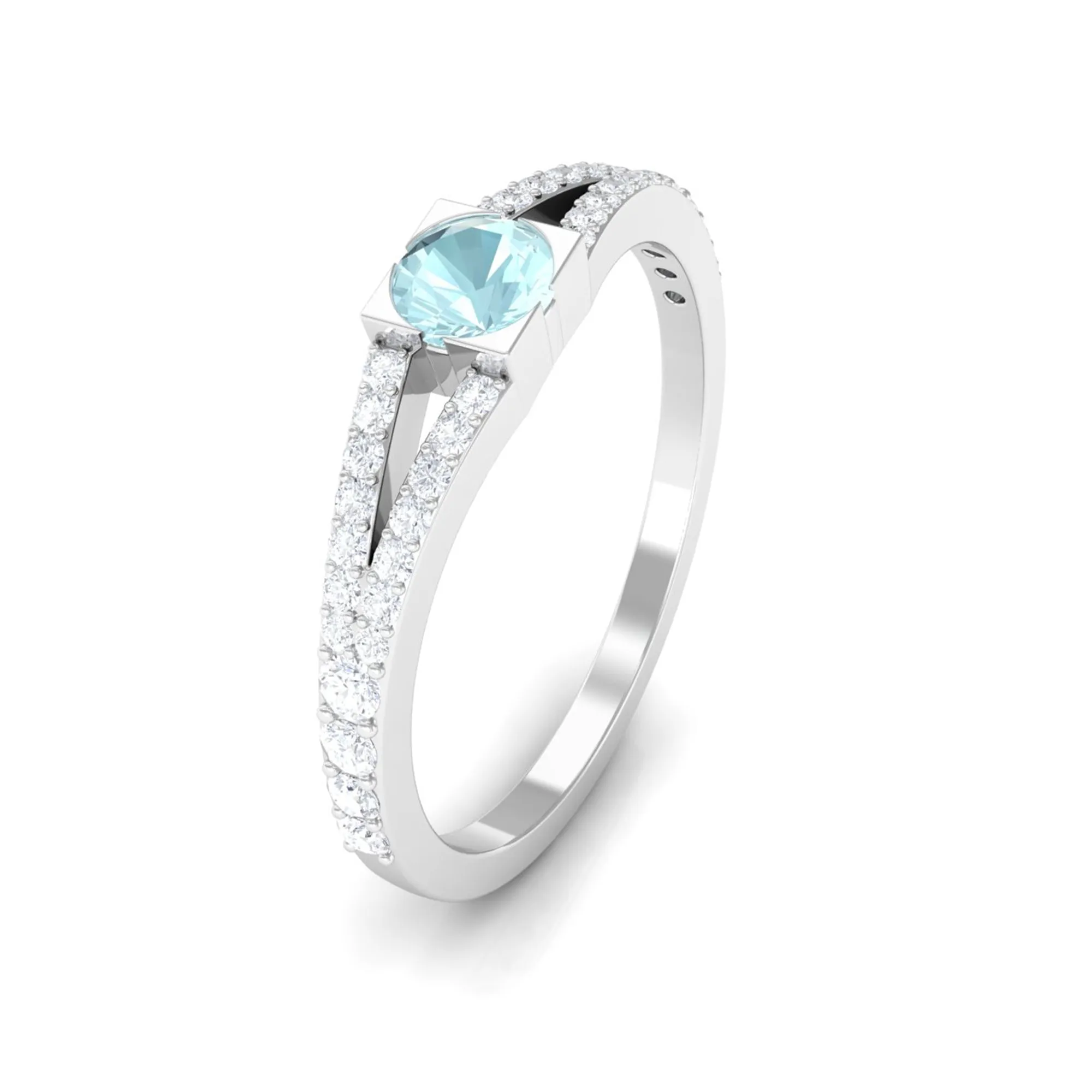 3/4 CT Split Shank Round Sky Blue Topaz Promise Ring with Diamond