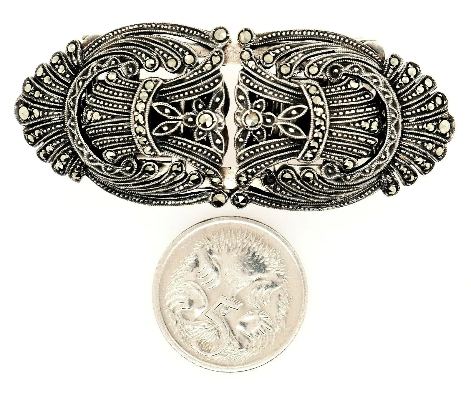 925 Sterling Silver & Marcasite Brooch/Pin/Dress Clip