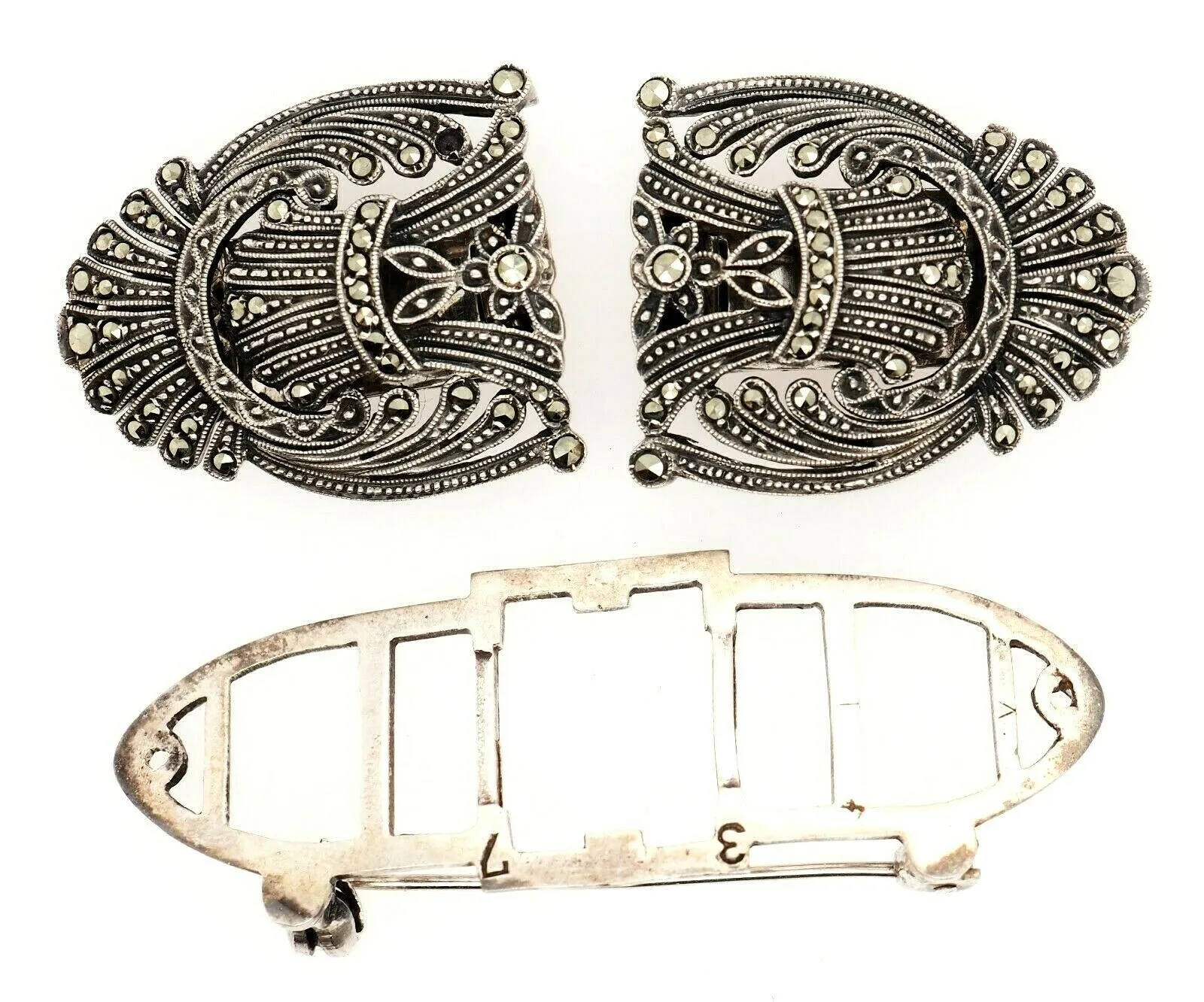 925 Sterling Silver & Marcasite Brooch/Pin/Dress Clip