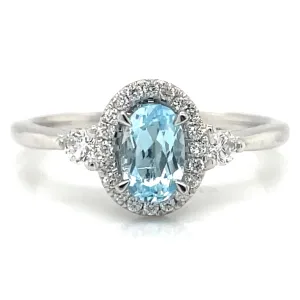 9ct White Gold Earth Grown Oval Sky Blue Topaz & Diamond Halo Ring