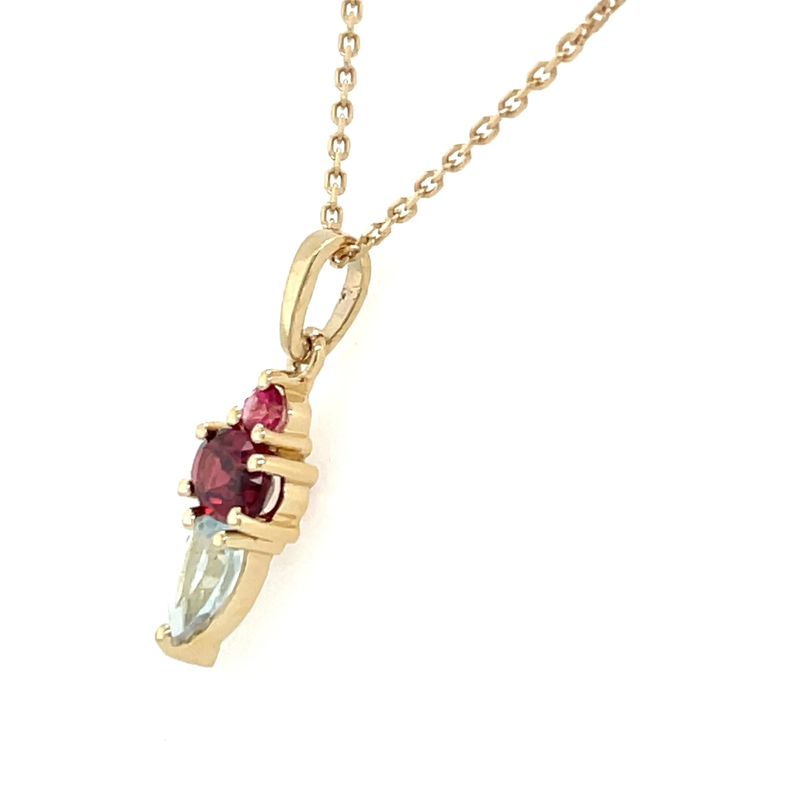 9ct Yellow Gold Earth Grown Blue Topaz, Pink Topaz, & Rhodolite Pendant