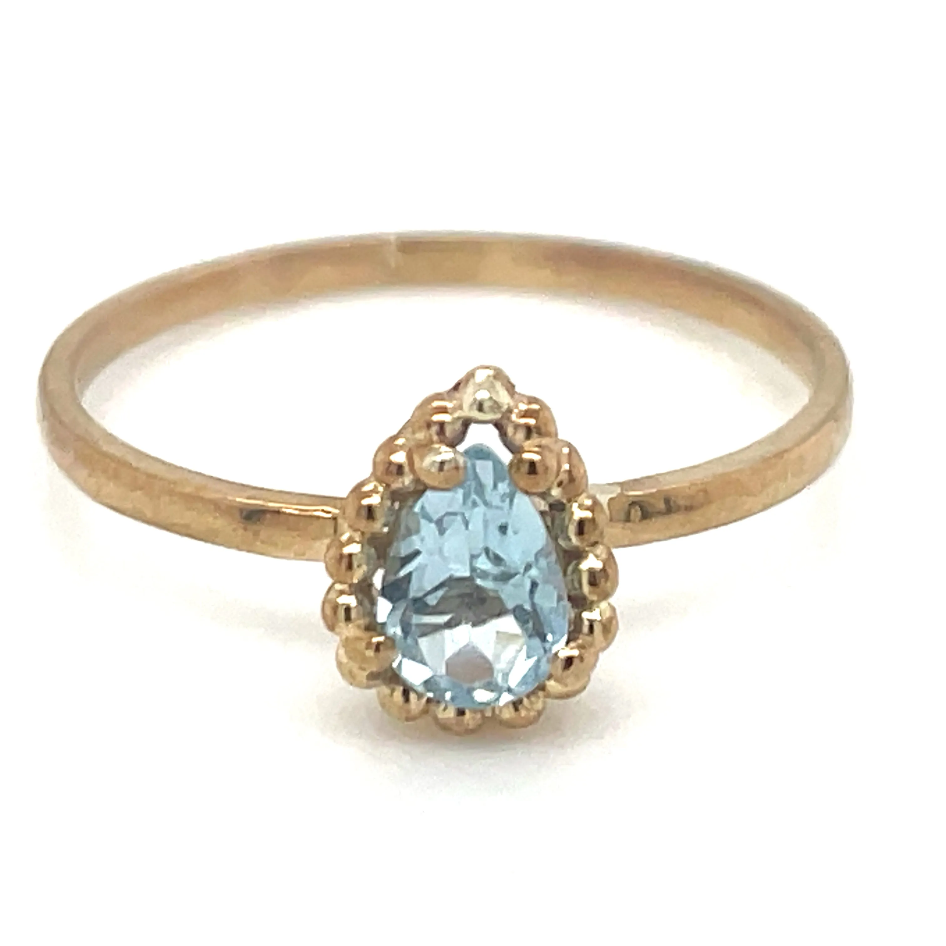 9ct Yellow Gold Earth Grown Pear Cut Blue Topaz Ring with Dotted Edge