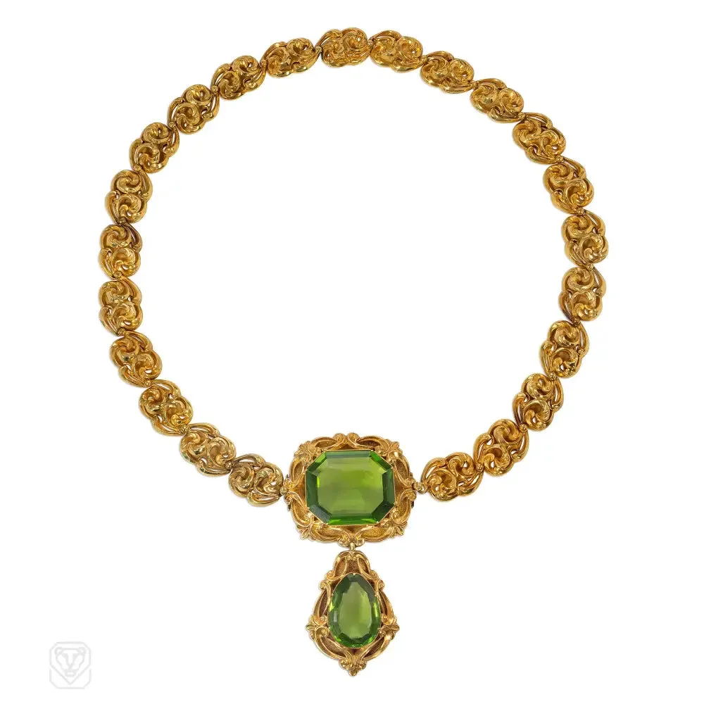 Antique Roccoco peridot and gold demi parure