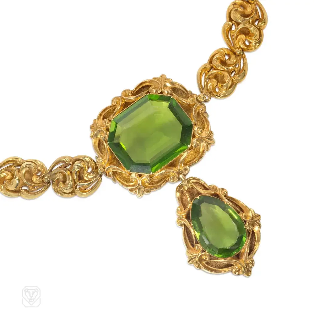 Antique Roccoco peridot and gold demi parure