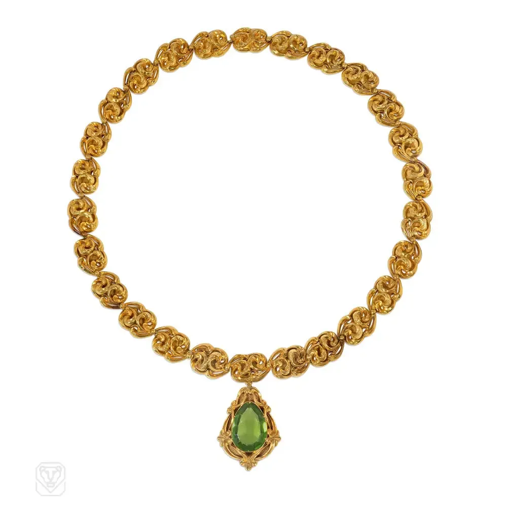 Antique Roccoco peridot and gold demi parure