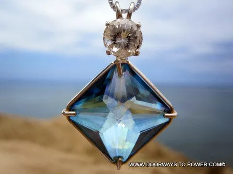 Aqua Aura Quartz Magician Stone Pendant with White Topaz