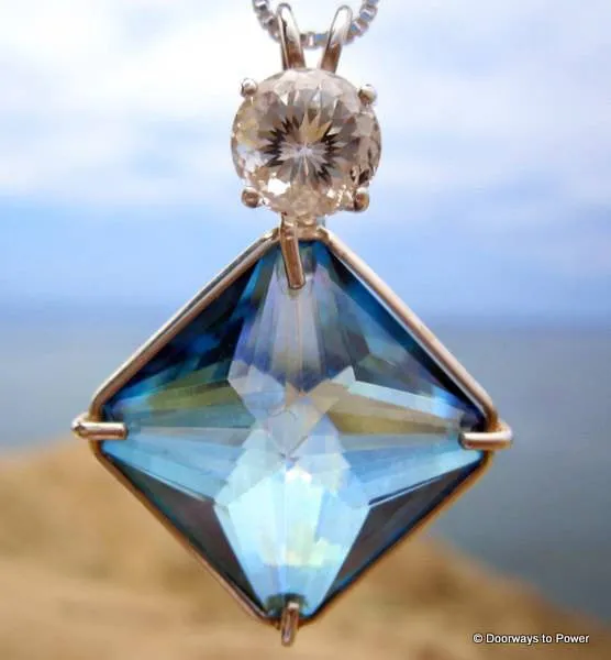 Aqua Aura Quartz Magician Stone Pendant with White Topaz