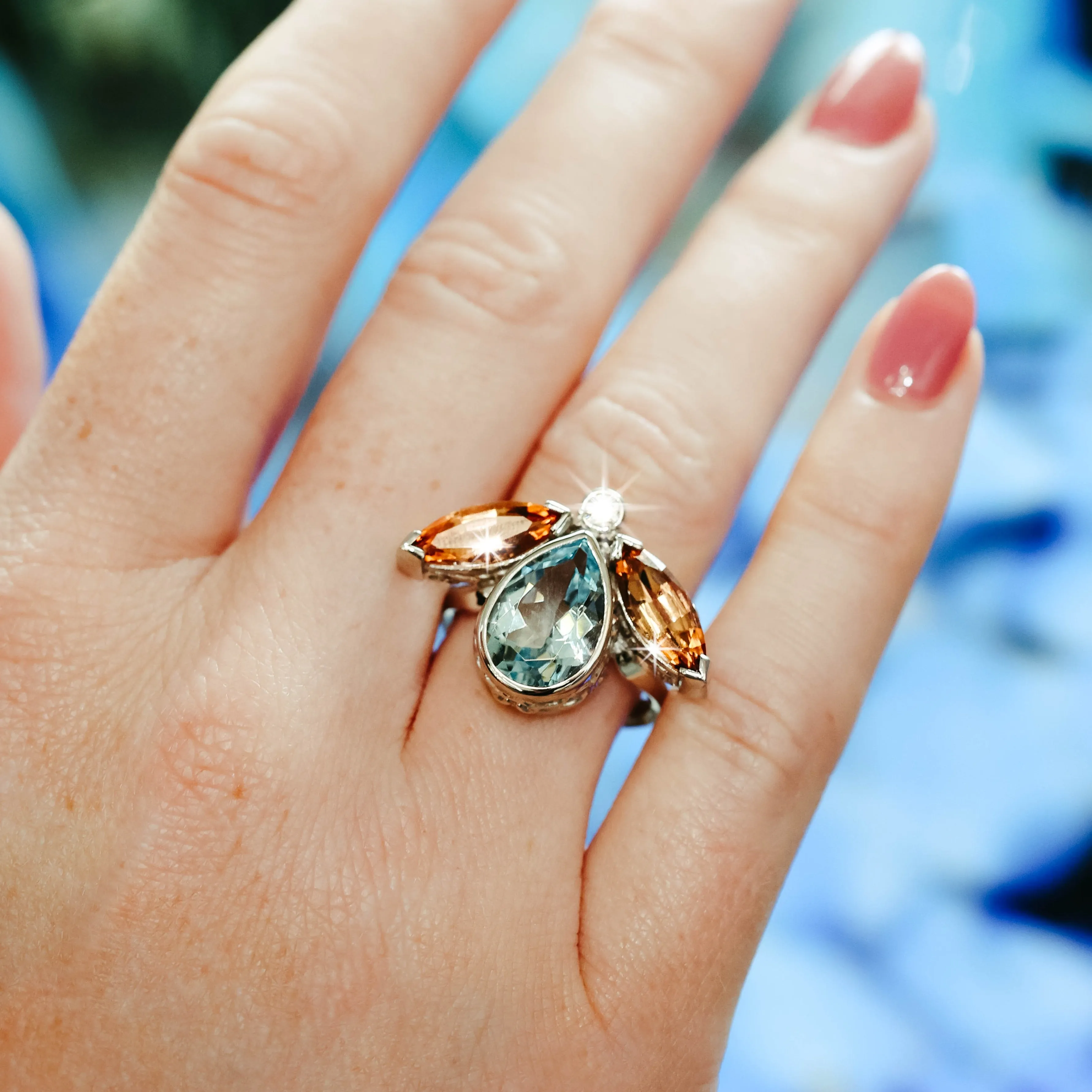 Aquamarine and Precious Topaz "Lotus Flower" Ring