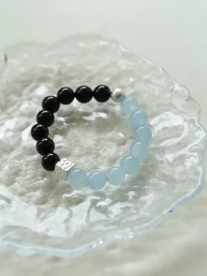 Aquamarine Black Agate Color Block Silver Bracelet