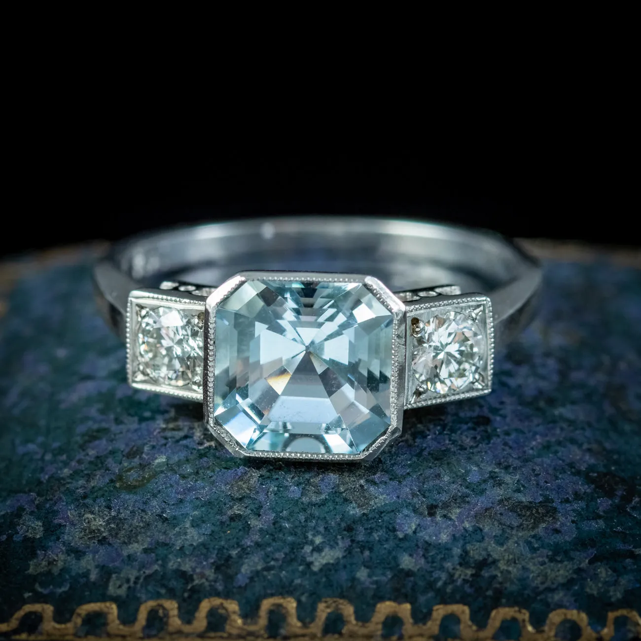 Art Deco Style Aquamarine Diamond Trilogy Ring 2.50ct Aqua