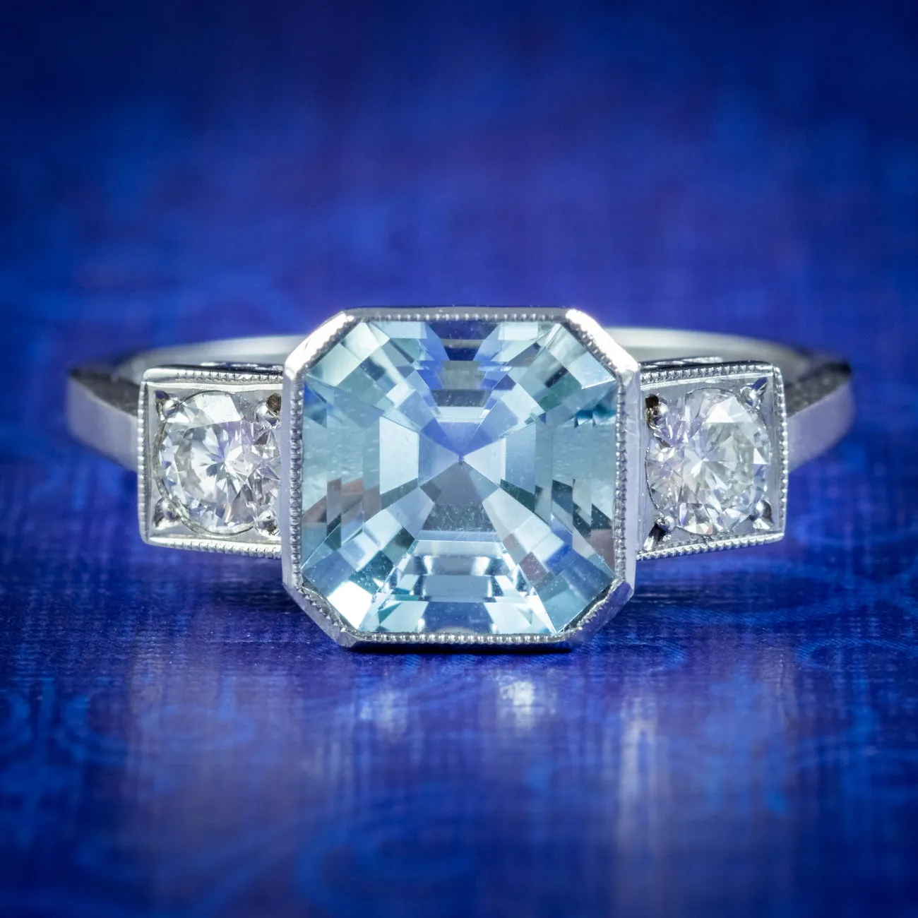 Art Deco Style Aquamarine Diamond Trilogy Ring 2.50ct Aqua