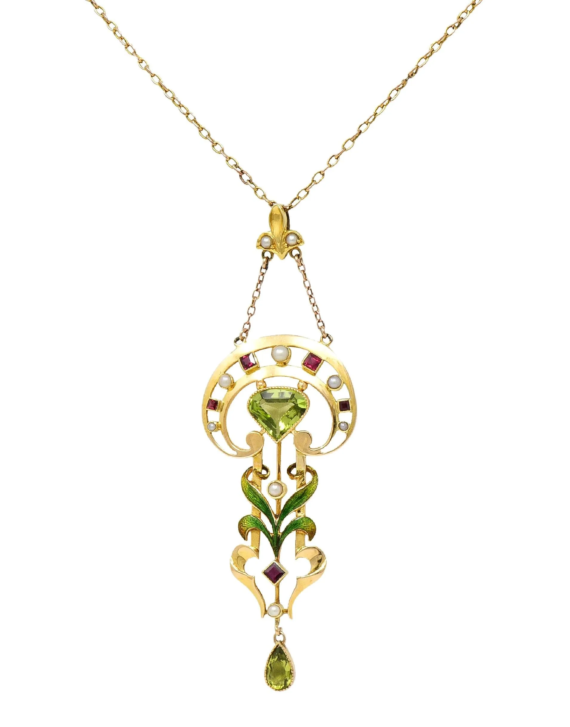 Art Nouveau 2.34 CTW Peridot Pearl Ruby 15 Karat Yellow Gold Antique Pendant Necklace