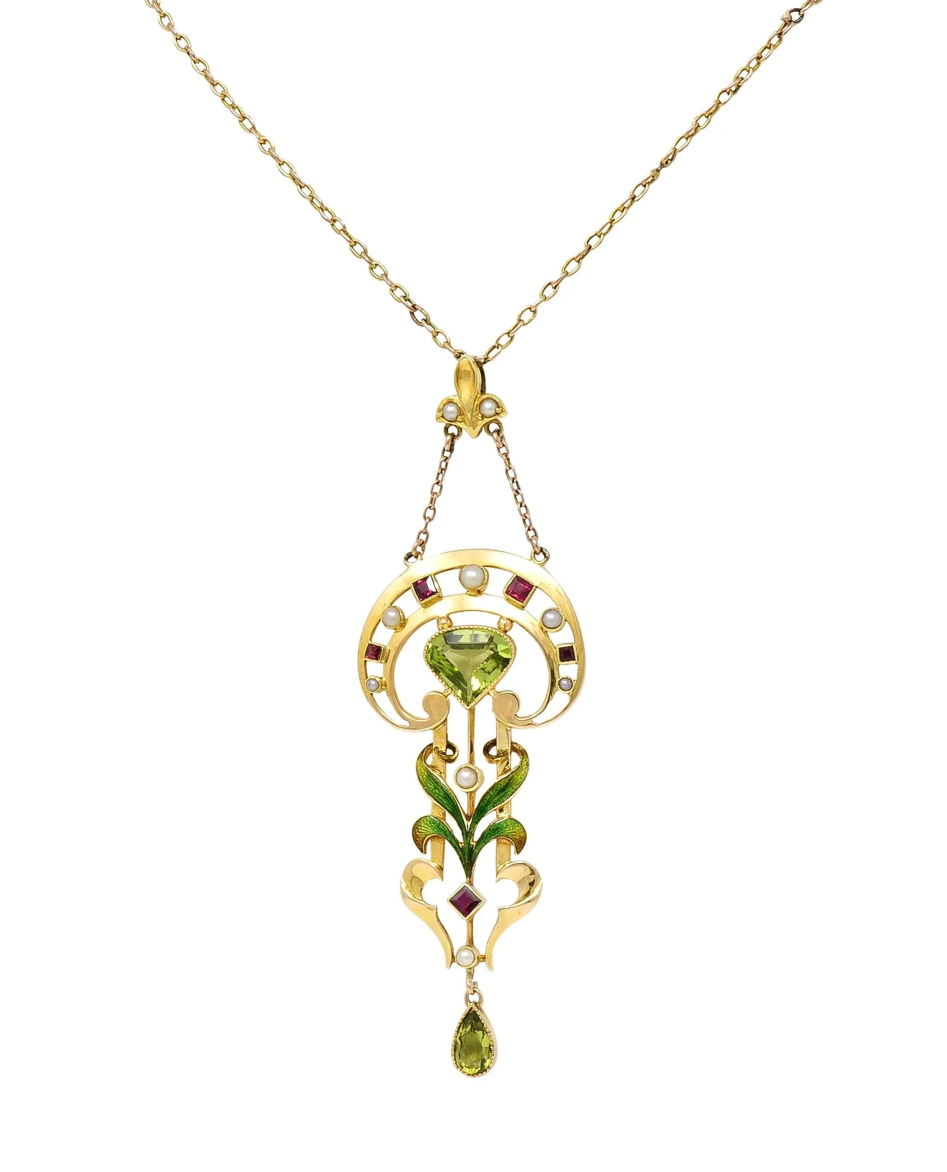 Art Nouveau 2.34 CTW Peridot Pearl Ruby 15 Karat Yellow Gold Antique Pendant Necklace