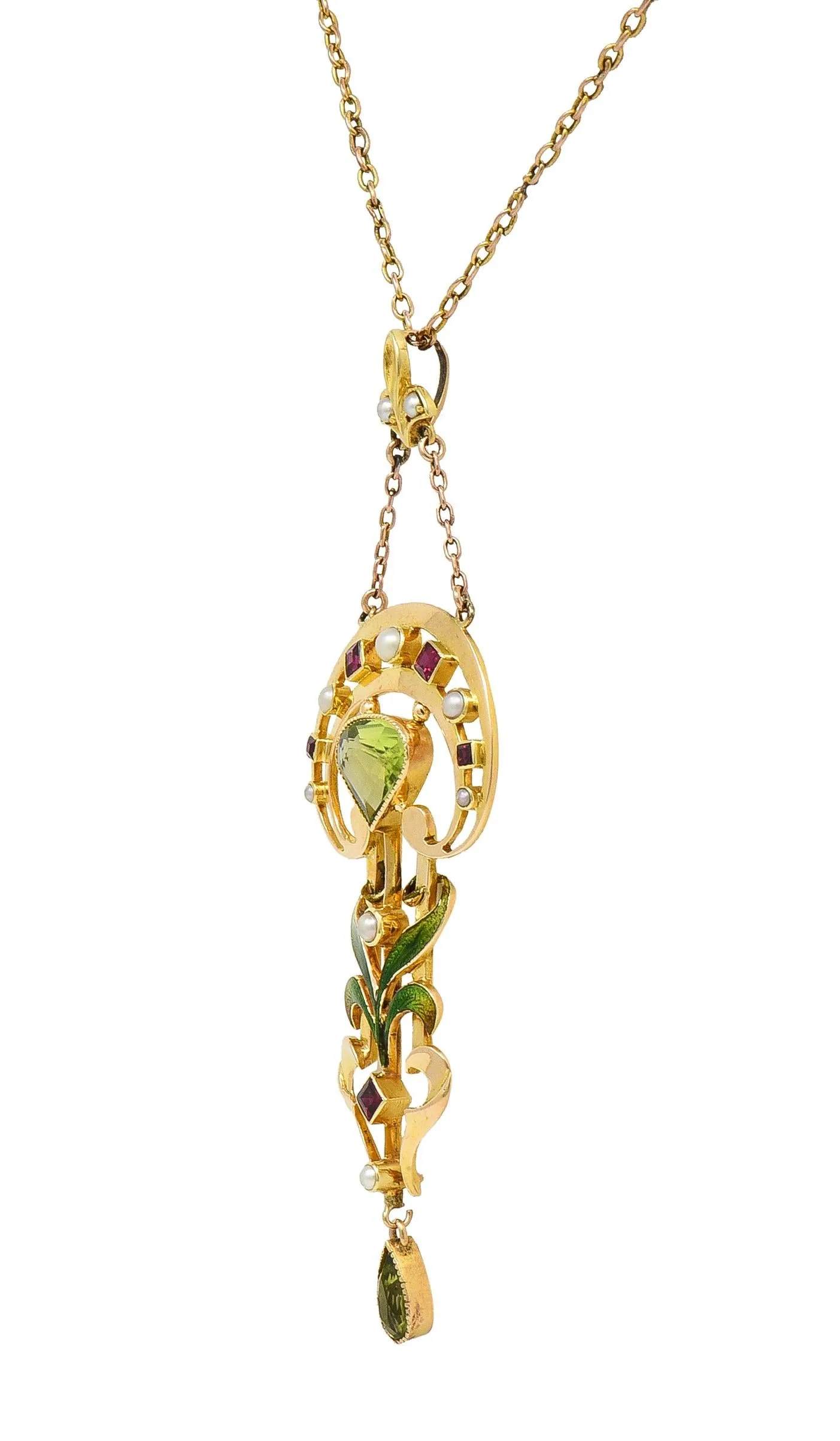 Art Nouveau 2.34 CTW Peridot Pearl Ruby 15 Karat Yellow Gold Antique Pendant Necklace