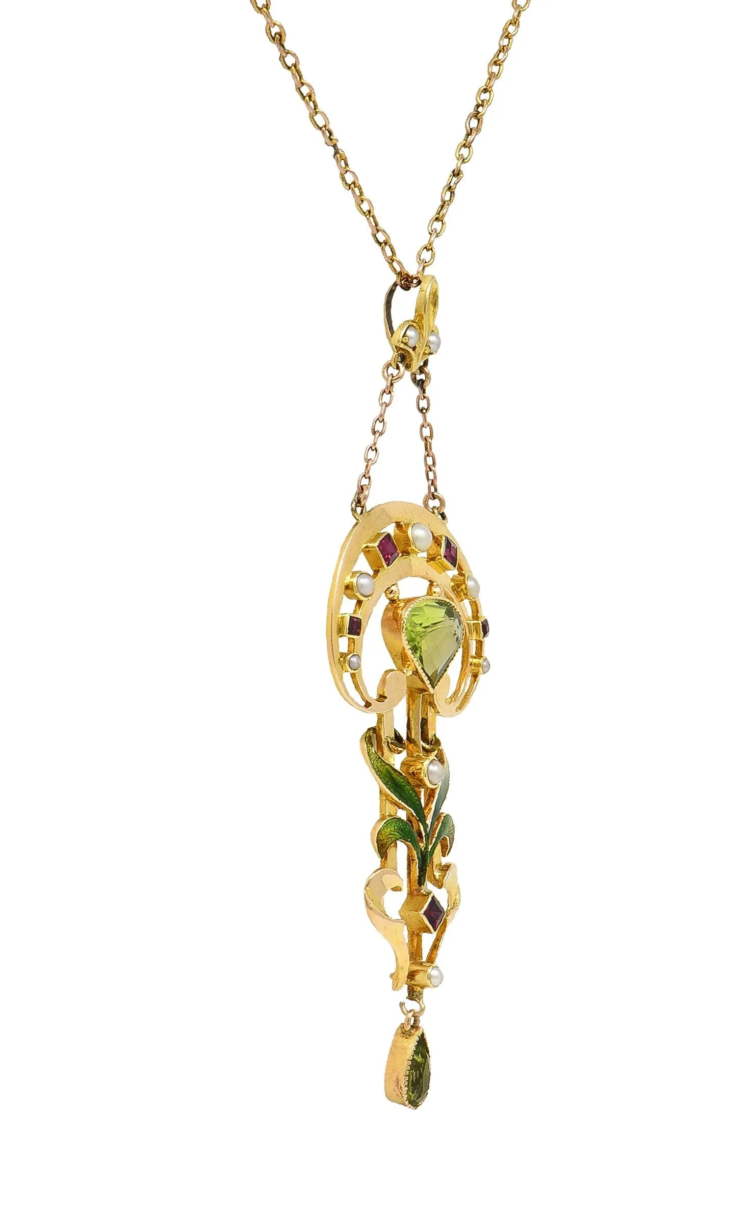 Art Nouveau 2.34 CTW Peridot Pearl Ruby 15 Karat Yellow Gold Antique Pendant Necklace