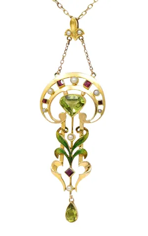 Art Nouveau 2.34 CTW Peridot Pearl Ruby 15 Karat Yellow Gold Antique Pendant Necklace