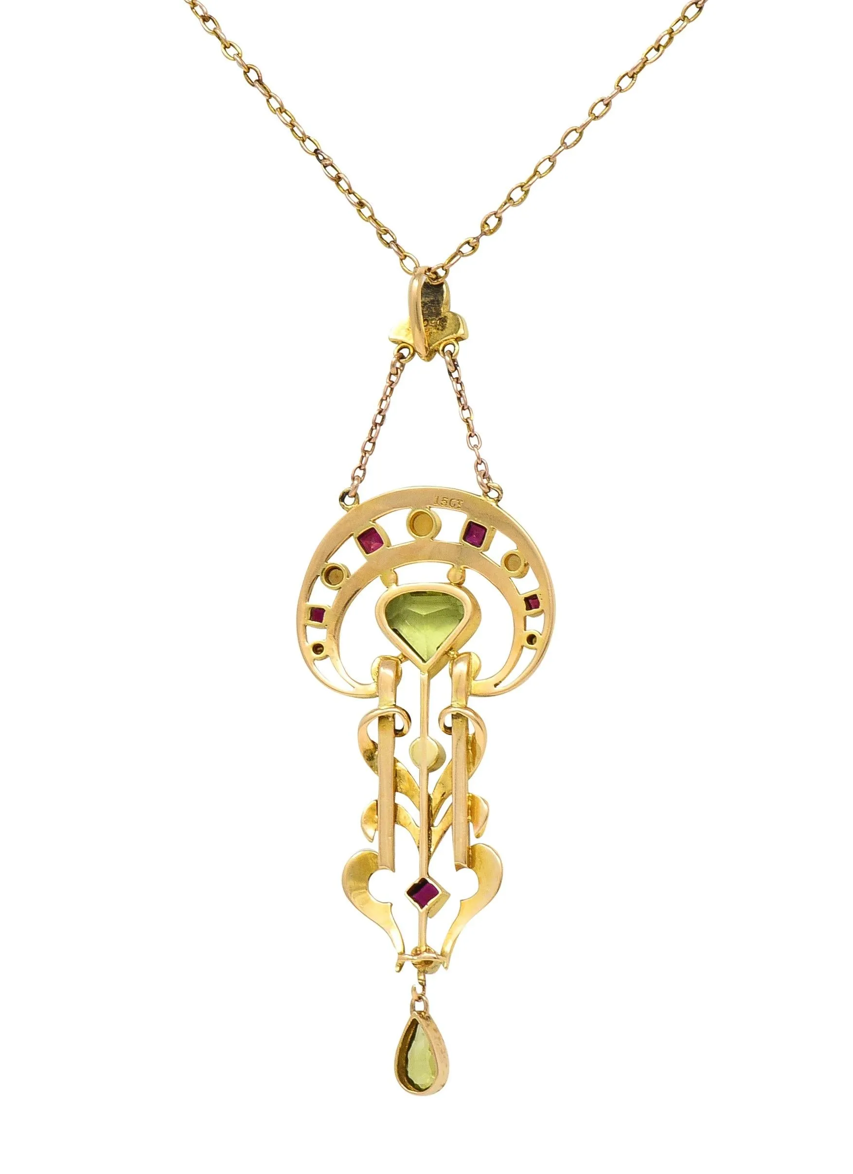 Art Nouveau 2.34 CTW Peridot Pearl Ruby 15 Karat Yellow Gold Antique Pendant Necklace