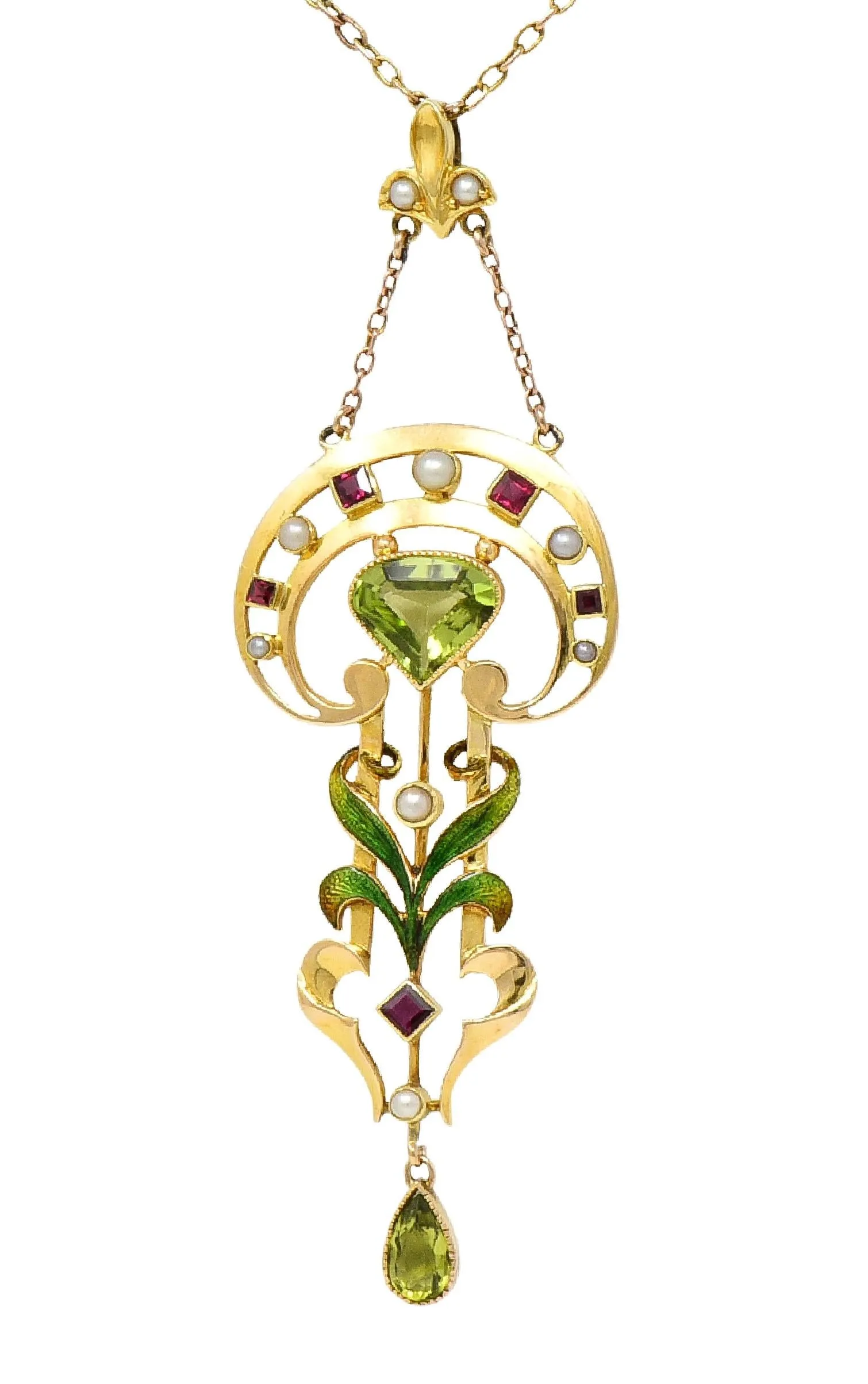 Art Nouveau 2.34 CTW Peridot Pearl Ruby 15 Karat Yellow Gold Antique Pendant Necklace