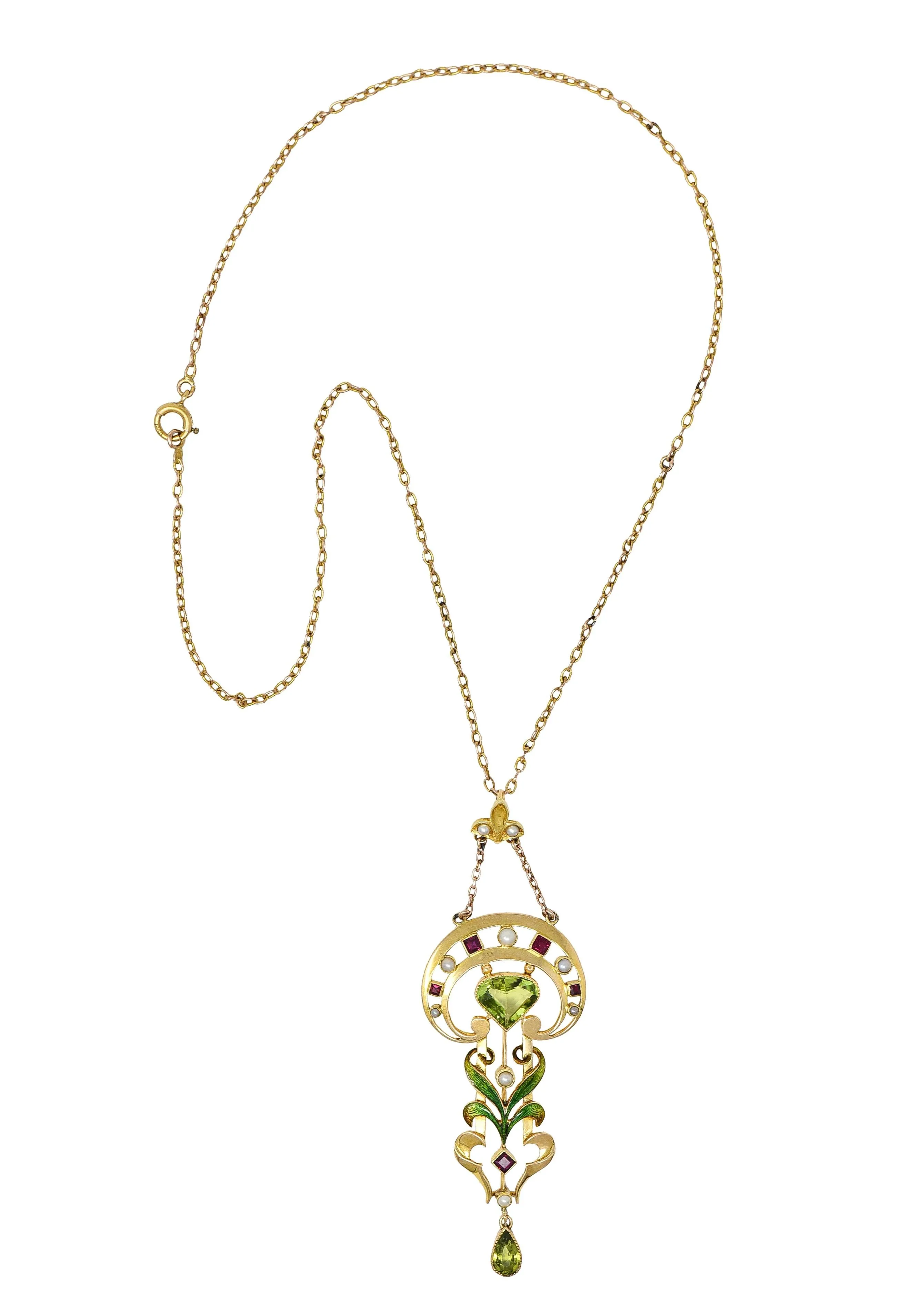 Art Nouveau 2.34 CTW Peridot Pearl Ruby 15 Karat Yellow Gold Antique Pendant Necklace