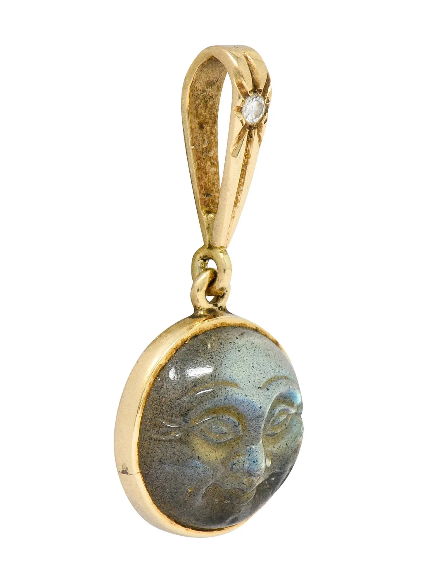 Art Nouveau Labradorite Diamond 14 Karat Gold Man-In-Moon Charm